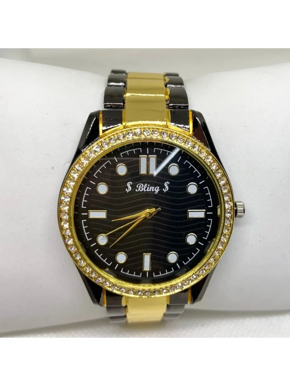 Bling gold black tone men watch 40mm quartz analog rhinestones black running